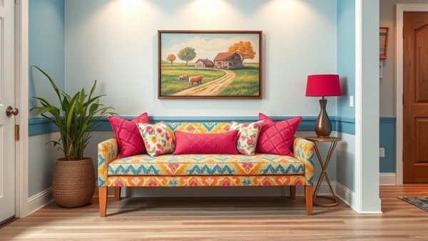 Eclectic foyer design ideas with colorful bench and wall art.