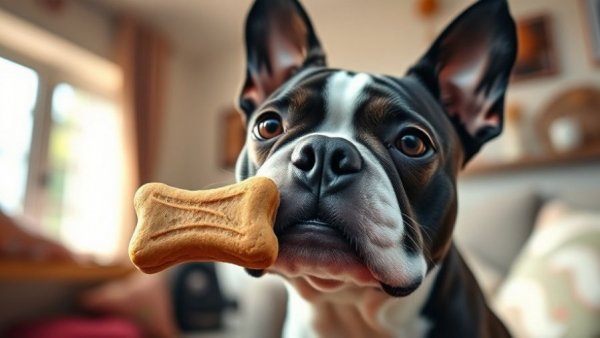 Boston Terrier balancing a homemade dog treat on nose.