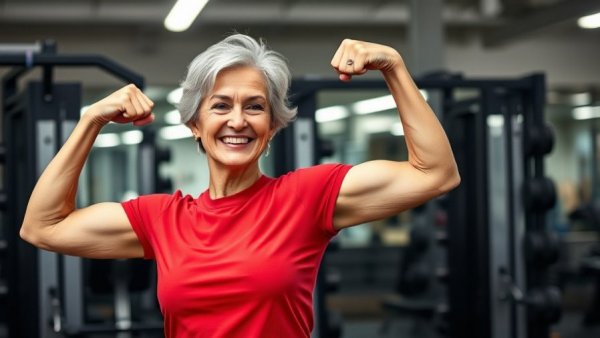 Energetic older woman flexing arm in gym, promoting exercises for healthy aging.