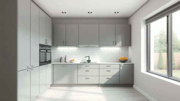 Modern small kitchen with grey cabinets in 2025 design.