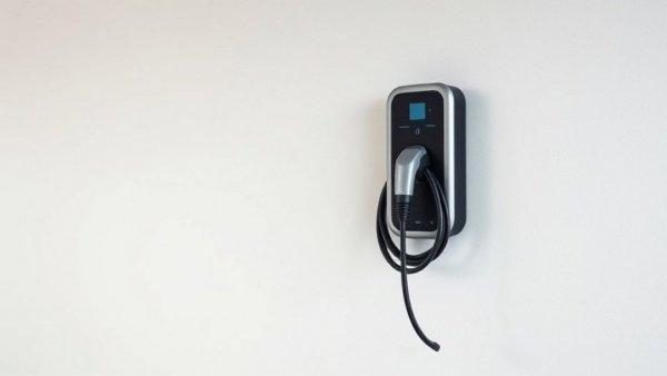 Electric vehicle charging station on wall, coiled cable.