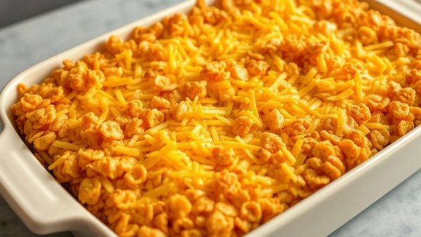 Golden crispy funeral potatoes casserole on kitchen counter