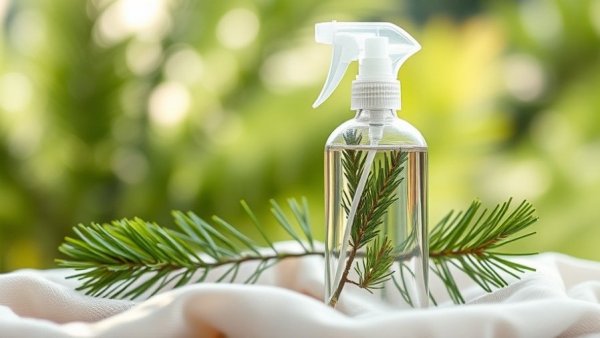 Clear spray bottle with pine needles showcasing health benefits.