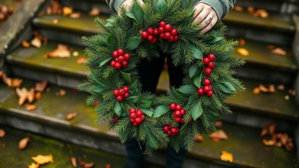 DIY Christmas wreath ideas: vibrant wreath with greenery and berries held on outdoor steps.