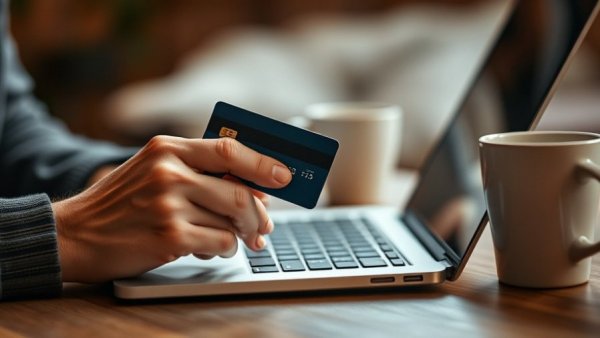 Person using laptop for online payment, earnest money due.