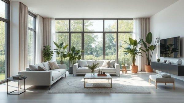 2025 Minimalist Living Room Design with modern decor and large windows.