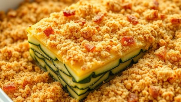 Delicious squash casserole recipe with breadcrumbs in a white dish.