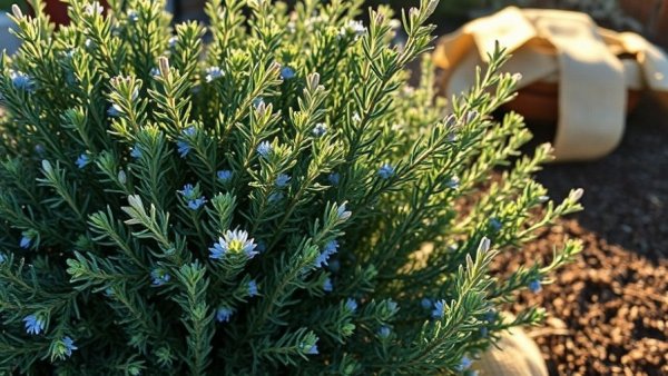 Winterizing your herb garden: sunlit rosemary bush in a garden.