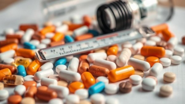 Assorted pills and thermometer signify dangerous fever symptoms in adults.