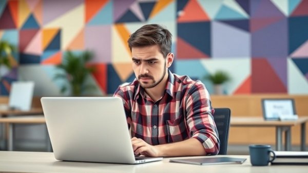 Stressed man practicing mindfulness at work in modern office.