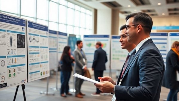 Professionals discussing medical findings at a health conference.