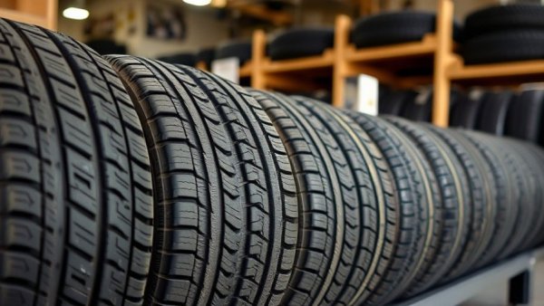 Modern tires durability showcased in a shop with detailed tread design.