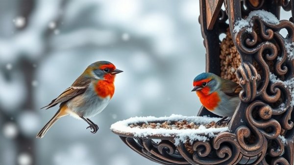 Colorful birds feeding in winter snow scene; winter bird feeding tips.