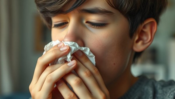 Child with cold symptoms sneezing into tissue indoors.