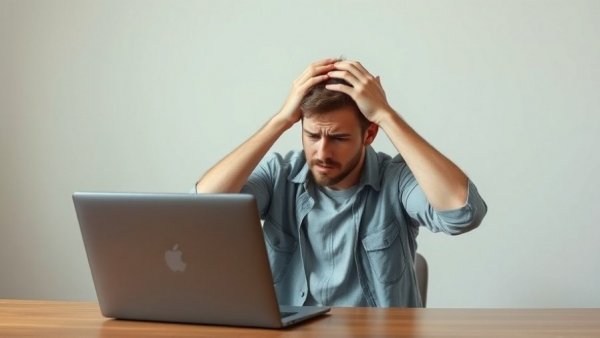 Young man experiencing chronic stress effects on health, working on a laptop.