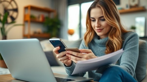 Woman reviewing mobile phone plans on laptop, smartphone in hand.