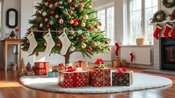 Festive living room with Christmas tree and gifts, holiday gift exchange theme ideas.