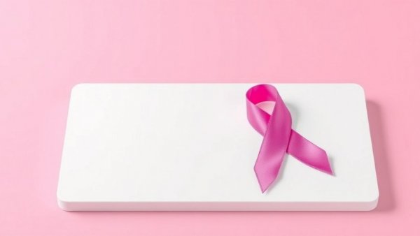 Pink ribbon symbolizing early cancer symptoms support, on white background.