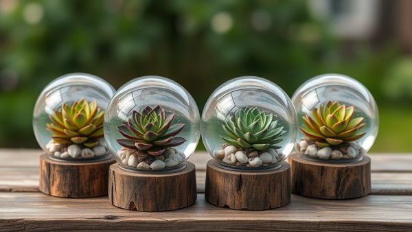 Colorful succulent snow globes displayed on a wooden surface.