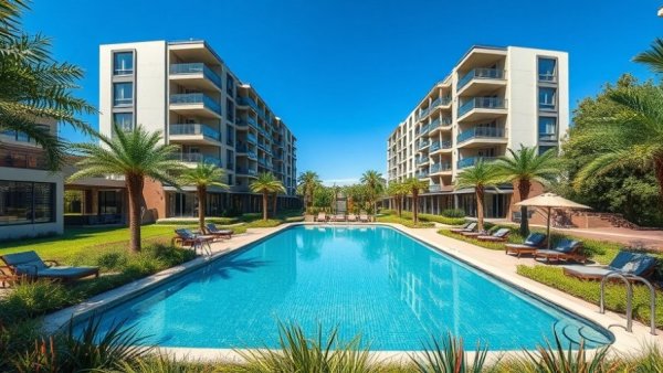Modern condo with pool and greenery on a sunny day, FHA approval concept.