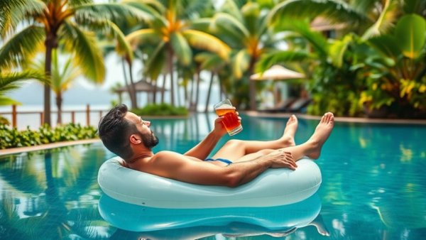 Man enjoying leisure in a tropical pool, illustrating investment returns.