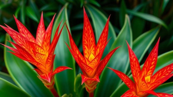 Close-up of vibrant flaming sword bromeliads with intricate patterns.