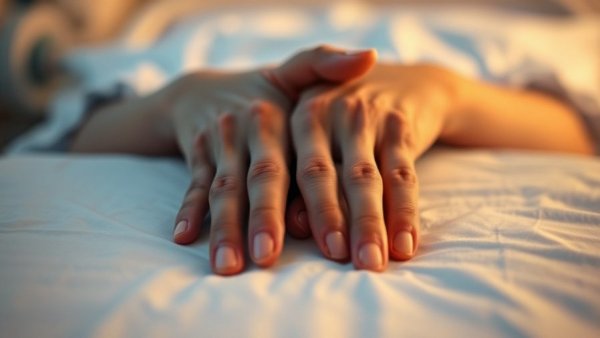 Hands resting calmly on a hospital bed, relaxing in a medical setting.
