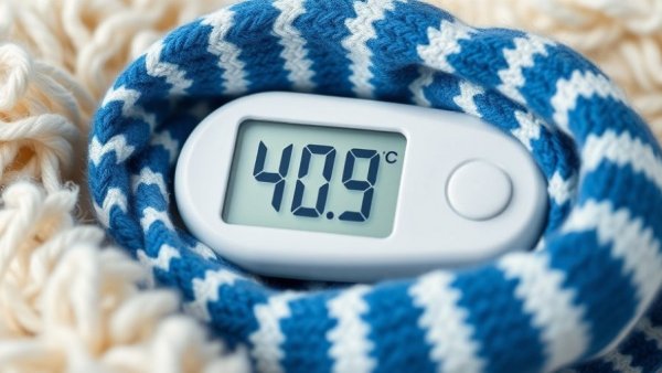 Digital thermometer wrapped in knit fabric for childhood fever management.