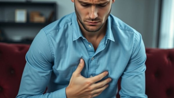 Young man clutching his chest, showing discomfort; not a heart attack.