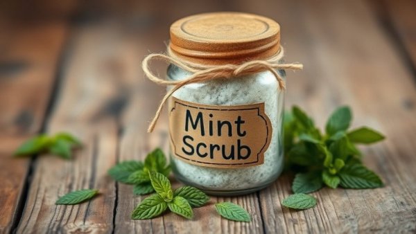 DIY Peppermint Foot Scrub in a rustic jar with mint leaves.