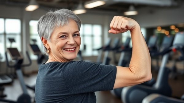 Active senior woman flexing at gym, promoting senior living communities.