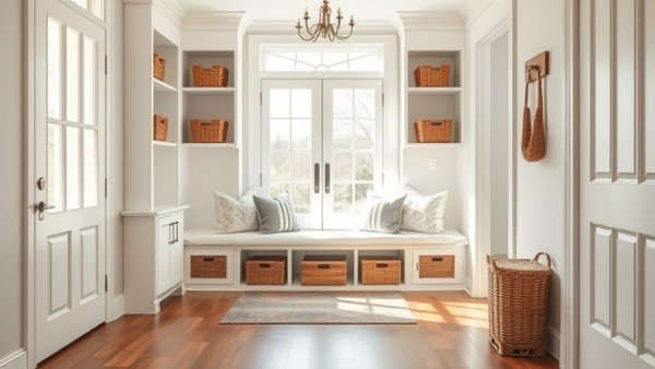 Storage solutions for small spaces in a bright entryway with white shelving and bench.