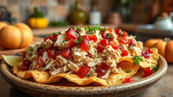 Thanksgiving leftovers nachos with turkey and cranberry.