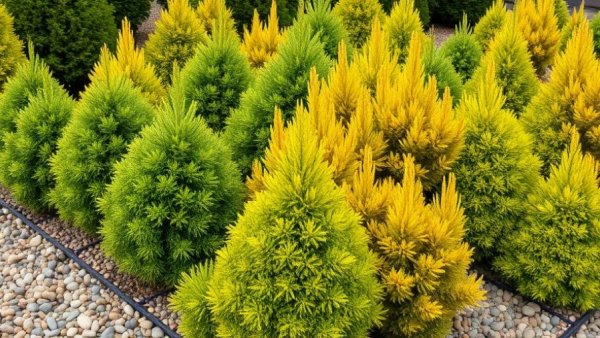 Vibrant dwarf conifers in small garden setting.