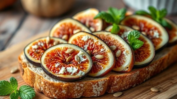 Appetizing slice of bread with figs, mint, cheese on wooden board.