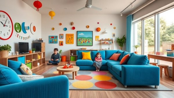 Modern home renovation playroom with blue sofa and vibrant decor.