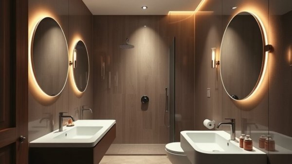 Modern small bathroom design ideas 2025 with elegant fixtures and lighting.