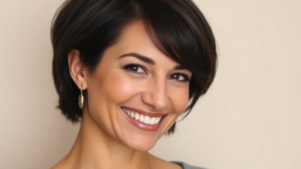 Smiling woman portrait on neutral background.