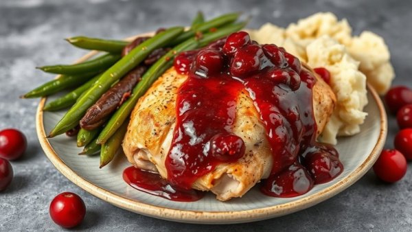 Delicious cranberry chicken recipe served with green beans and mashed potatoes.