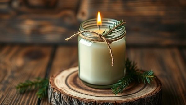 Rustic evergreen candle in glass jar on wooden slice, how to make evergreen candles.