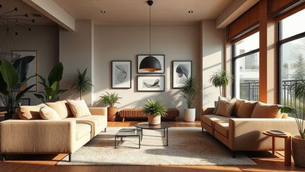 Modern cozy living room design trends 2025 with sofas and plants.