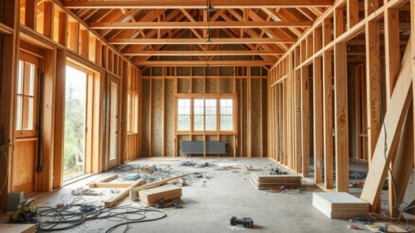 In-progress home renovation with exposed framing and debris.
