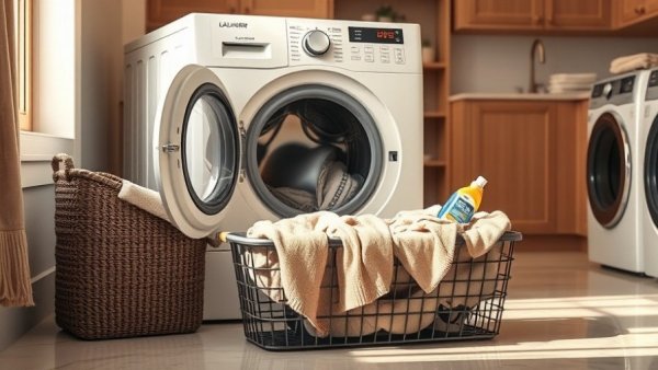 Modern laundry room during thunderstorm, clothes and detergent.