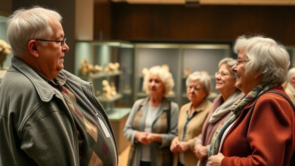 Senior docent leads a group in a museum featuring detailed exhibits, senior living communities and docents.