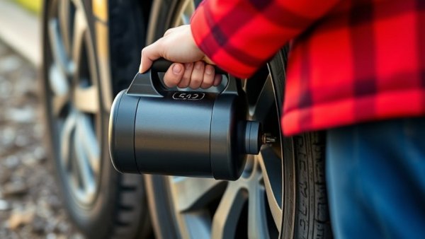 Close-up of tire inflation with portable compressor, free tire inflation concept.