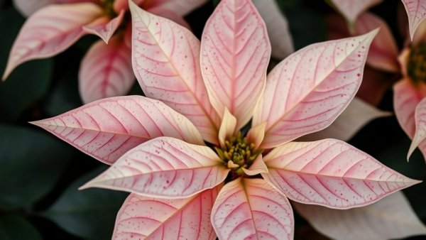 Speckled pink and cream poinsettia leaves, poinsettia care and history.