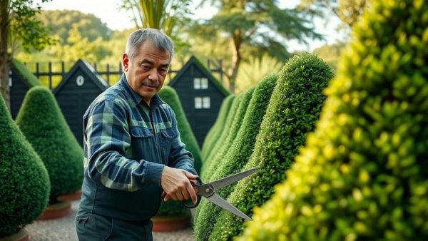 Topiary art in gardening with a gardener trimming bushes.
