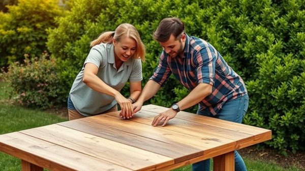 Couple transforming wooden table into chic sideboard in garden.