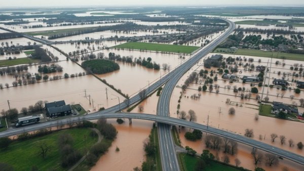 Aerial view of extensive flood showing roads and buildings submerged, highlighting flood risks.