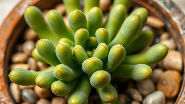 Close-up of Crassula Gollum plant with tubular leaves in a pot.